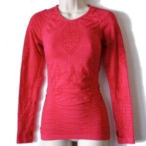 Athleta Ruched Long Sleeve Paisley Nylon Top XS Hot Pink Fuchsia Thumbholes